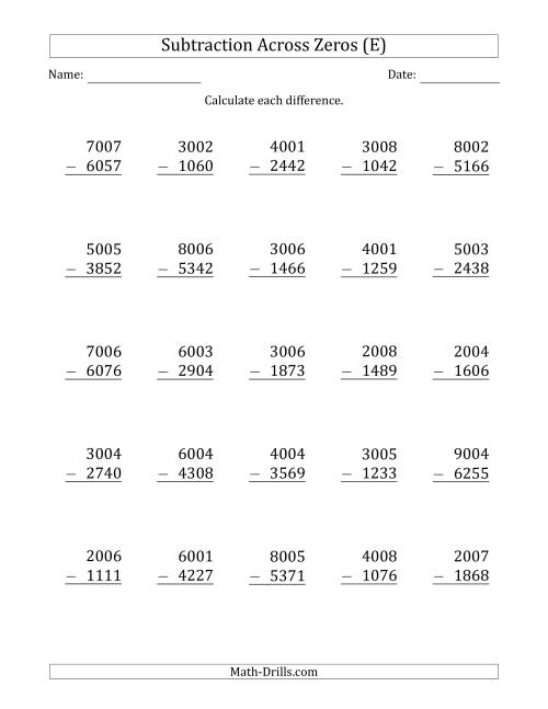 The 4-Digit Subtracting Across Zeros in the Middle (Ones Sometimes Need Regrouping) (E) Math Worksheet