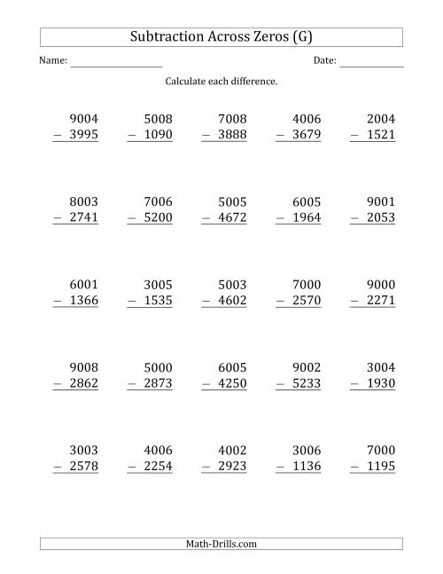 The 4-Digit Subtracting Across Zeros in the Middle (Ones Sometimes Need Regrouping) (G) Math Worksheet