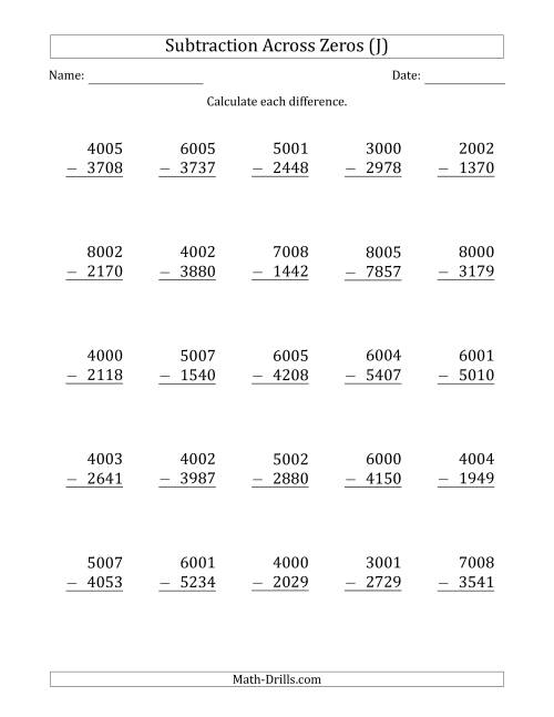 The 4-Digit Subtracting Across Zeros in the Middle (Ones Sometimes Need Regrouping) (J) Math Worksheet