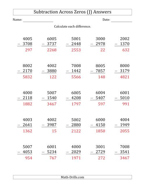 The 4-Digit Subtracting Across Zeros in the Middle (Ones Sometimes Need Regrouping) (J) Math Worksheet Page 2
