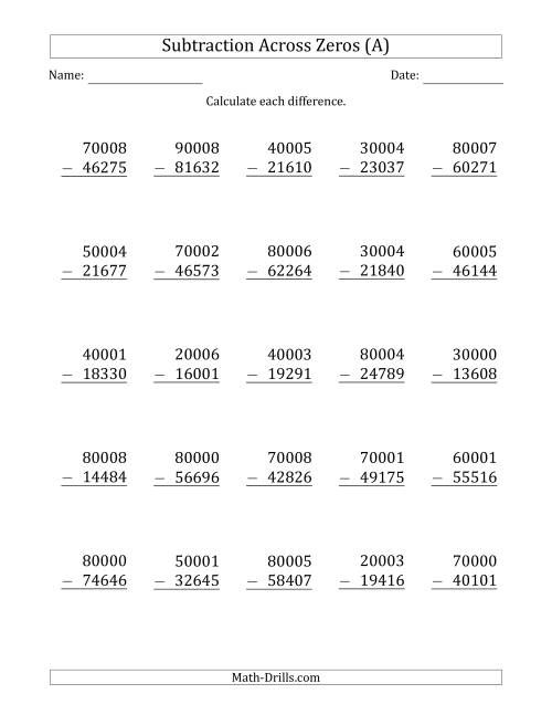 The 5-Digit Subtracting Across Zeros in the Middle (Ones Sometimes Need Regrouping) (A) Math Worksheet