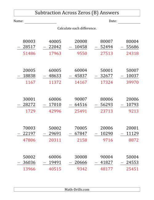 The 5-Digit Subtracting Across Zeros in the Middle (Ones Sometimes Need Regrouping) (B) Math Worksheet Page 2