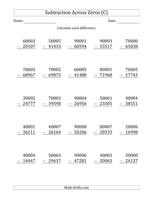 The 5-Digit Subtracting Across Zeros in the Middle (Ones Sometimes Need Regrouping) (C) Math Worksheet