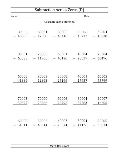The 5-Digit Subtracting Across Zeros in the Middle (Ones Sometimes Need Regrouping) (D) Math Worksheet