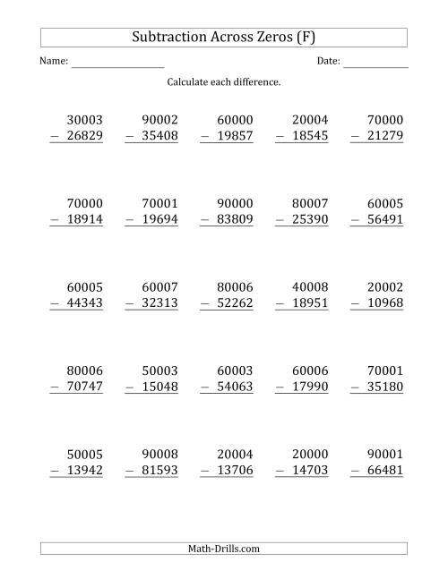 The 5-Digit Subtracting Across Zeros in the Middle (Ones Sometimes Need Regrouping) (F) Math Worksheet