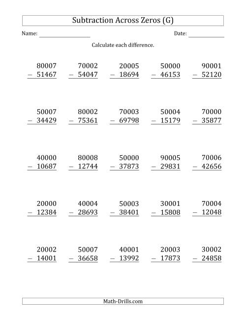The 5-Digit Subtracting Across Zeros in the Middle (Ones Sometimes Need Regrouping) (G) Math Worksheet