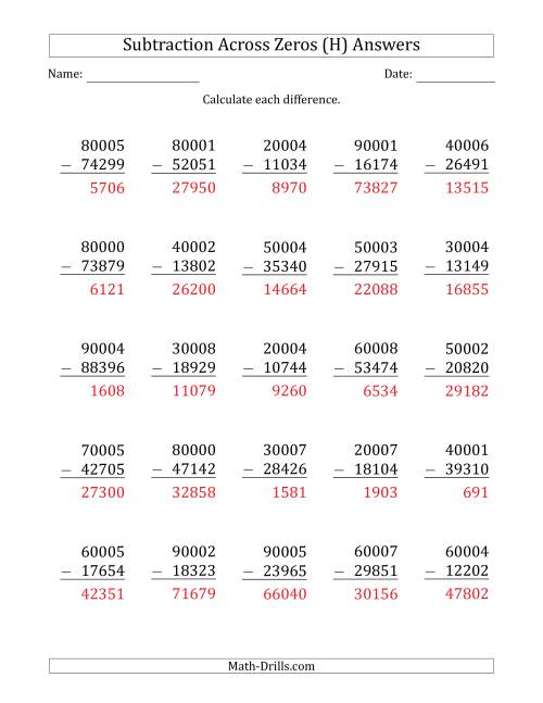 The 5-Digit Subtracting Across Zeros in the Middle (Ones Sometimes Need Regrouping) (H) Math Worksheet Page 2