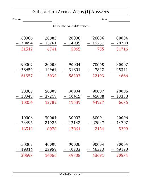 The 5-Digit Subtracting Across Zeros in the Middle (Ones Sometimes Need Regrouping) (I) Math Worksheet Page 2