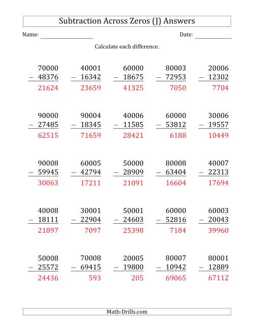 The 5-Digit Subtracting Across Zeros in the Middle (Ones Sometimes Need Regrouping) (J) Math Worksheet Page 2