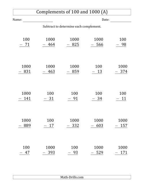 The Complements of 100 and 1000 by Subtracting (A) Math Worksheet