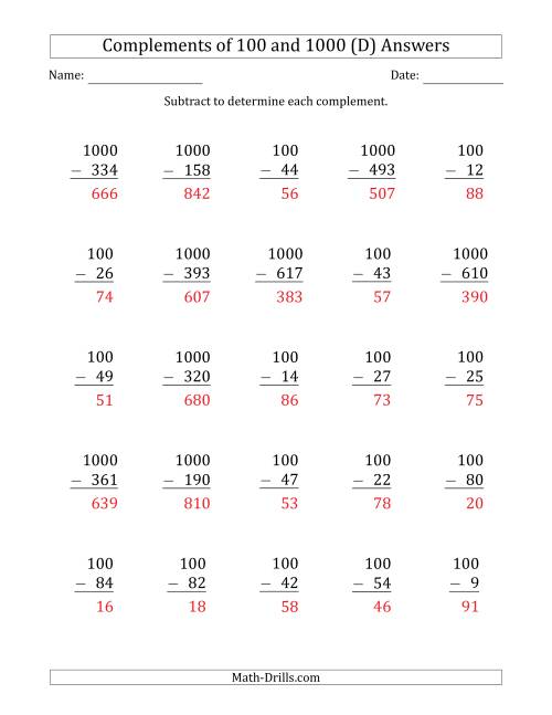 The Complements of 100 and 1000 by Subtracting (D) Math Worksheet Page 2