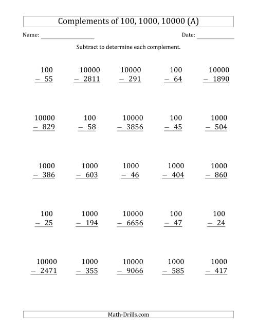 The Complements of 100, 1000 and 10000 by Subtracting (A) Math Worksheet