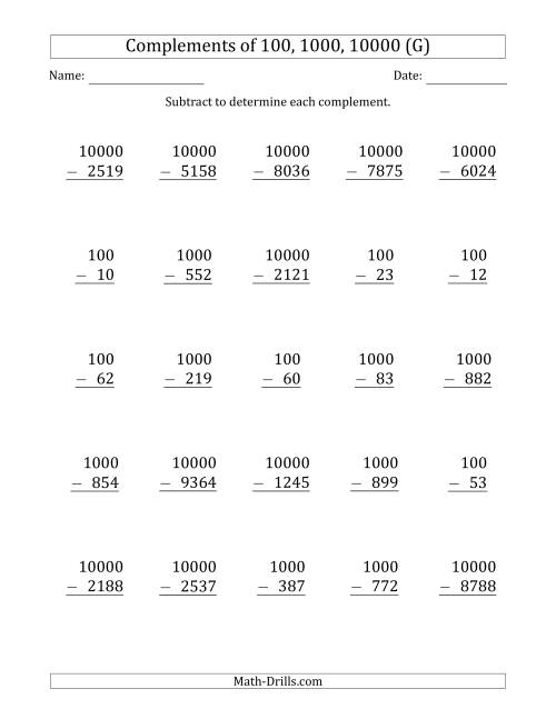 The Complements of 100, 1000 and 10000 by Subtracting (G) Math Worksheet