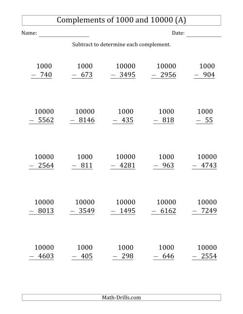 The Complements of 1000 and 10000 by Subtracting (A) Math Worksheet