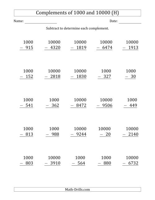 The Complements of 1000 and 10000 by Subtracting (H) Math Worksheet