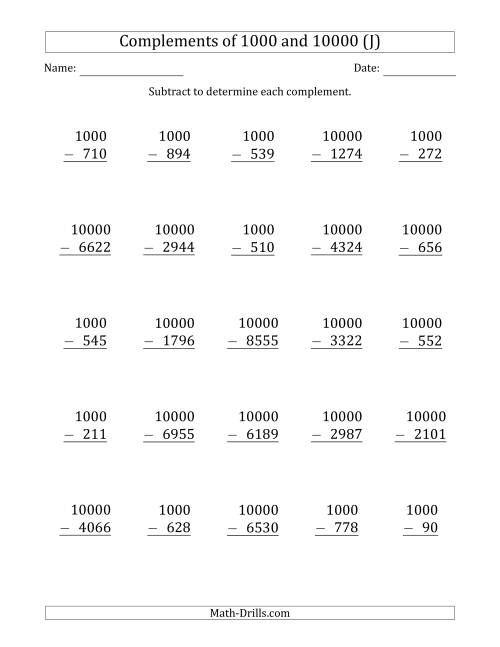 The Complements of 1000 and 10000 by Subtracting (J) Math Worksheet