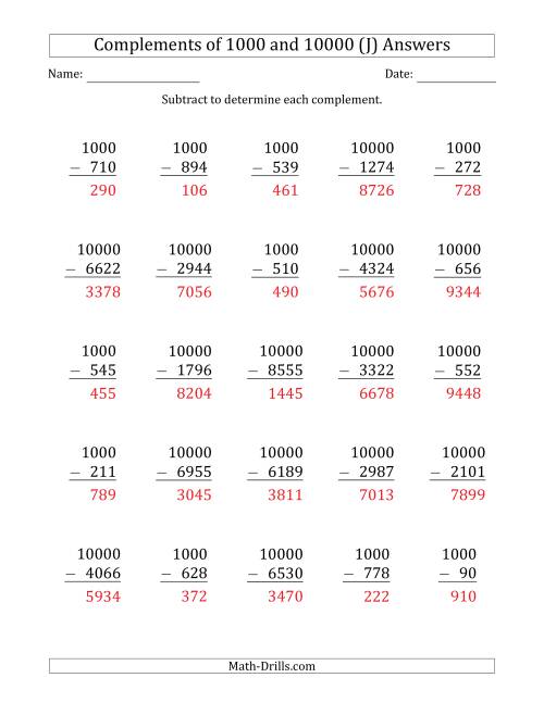 The Complements of 1000 and 10000 by Subtracting (J) Math Worksheet Page 2