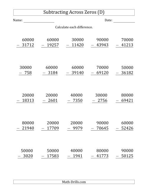 The Subtracting Across Zeros from Multiples of 10000 (D) Math Worksheet