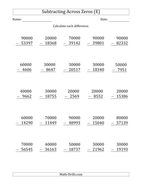 The Subtracting Across Zeros from Multiples of 10000 (E) Math Worksheet