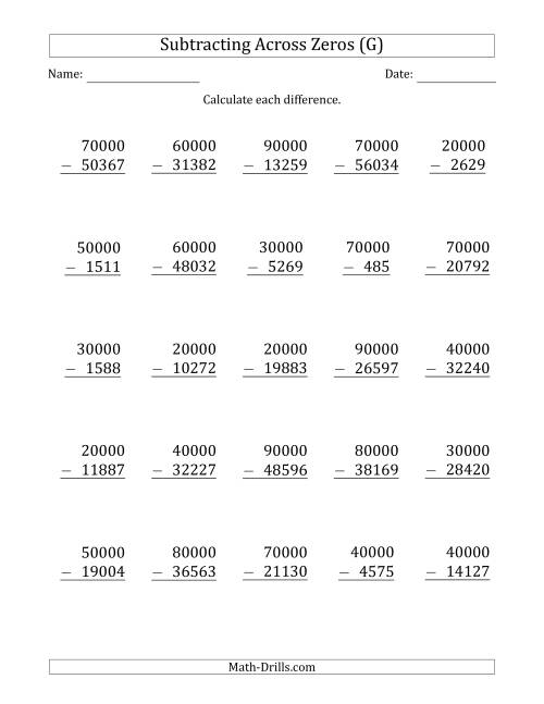 The Subtracting Across Zeros from Multiples of 10000 (G) Math Worksheet