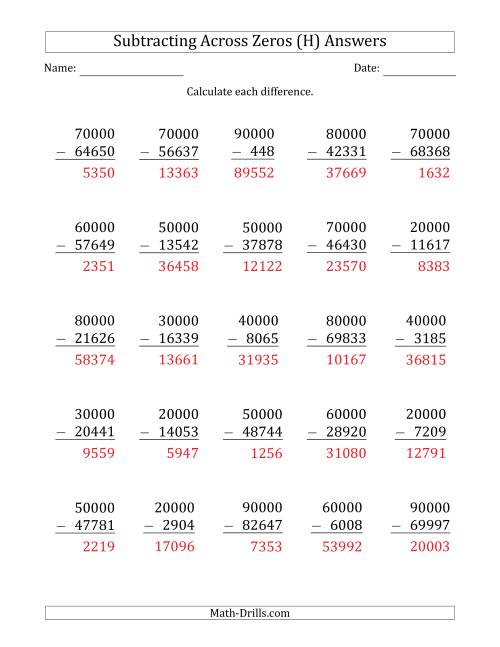 The Subtracting Across Zeros from Multiples of 10000 (H) Math Worksheet Page 2
