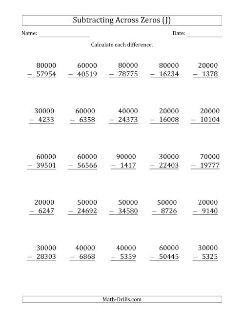 The Subtracting Across Zeros from Multiples of 10000 (J) Math Worksheet