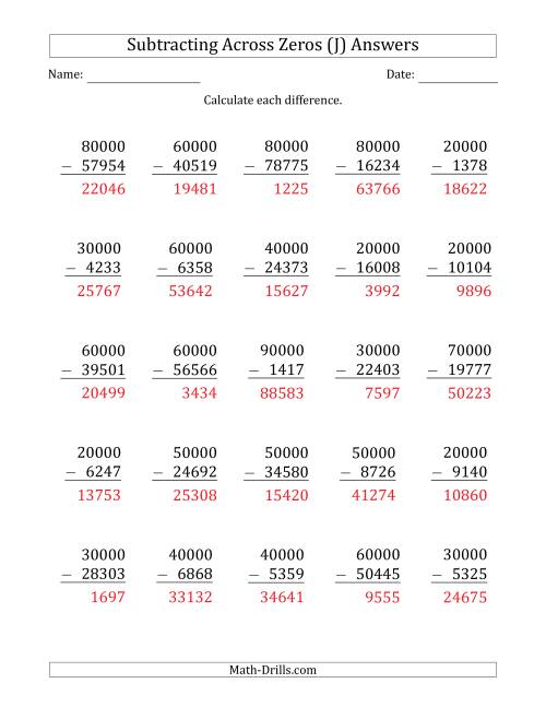 The Subtracting Across Zeros from Multiples of 10000 (J) Math Worksheet Page 2