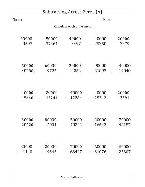 The Subtracting Across Zeros from Multiples of 10000 (All) Math Worksheet