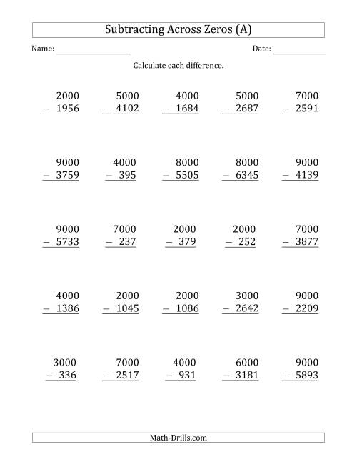 The Subtracting Across Zeros from Multiples of 1000 (A) Math Worksheet
