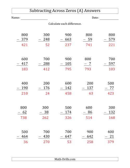 The Subtracting Across Zeros from Multiples of 100 (A) Math Worksheet Page 2