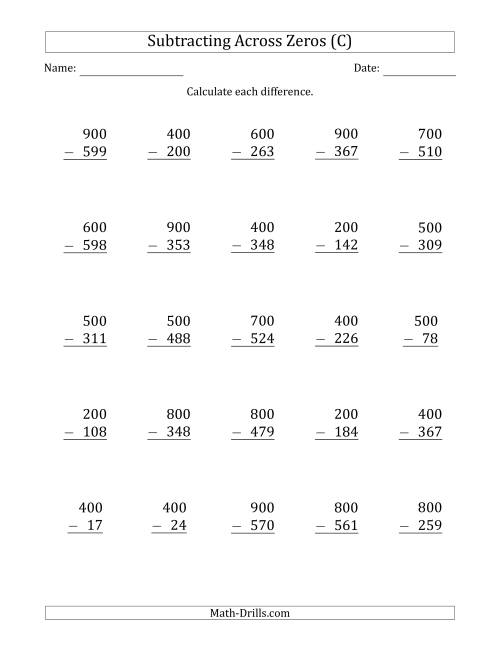 The Subtracting Across Zeros from Multiples of 100 (C) Math Worksheet