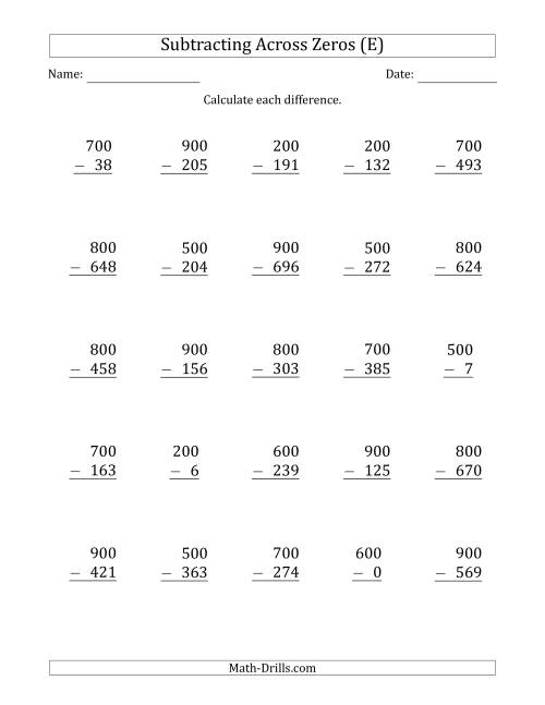 The Subtracting Across Zeros from Multiples of 100 (E) Math Worksheet