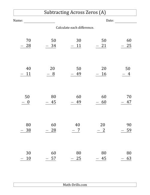 The Subtracting Across Zeros from Multiples of 10 (A) Math Worksheet