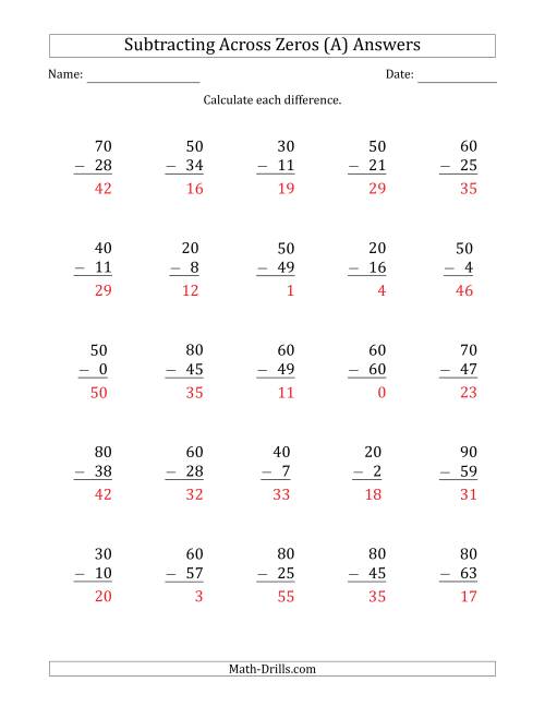 The Subtracting Across Zeros from Multiples of 10 (A) Math Worksheet Page 2