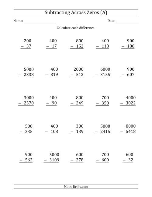 The Subtracting Across Zeros from Multiples of 100 and 1000 (A) Math Worksheet