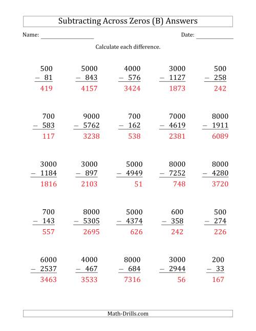 The Subtracting Across Zeros from Multiples of 100 and 1000 (B) Math Worksheet Page 2