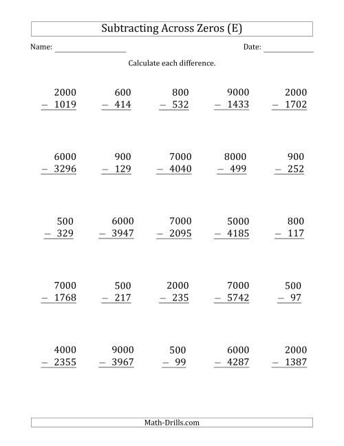 The Subtracting Across Zeros from Multiples of 100 and 1000 (E) Math Worksheet