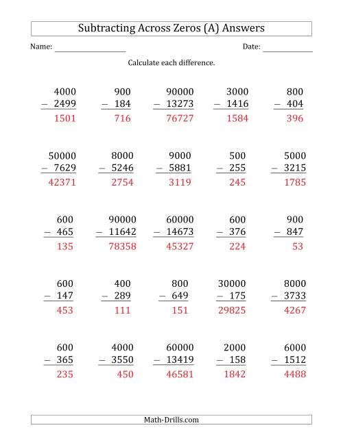 The Subtracting Across Zeros from Multiples of 100, 1000 and 10000 (A) Math Worksheet Page 2