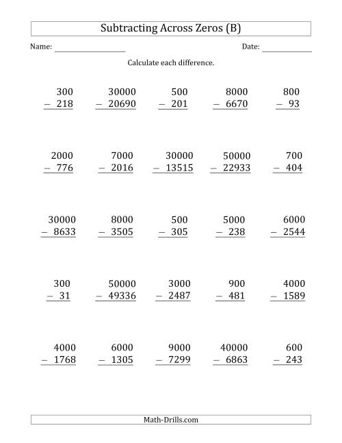 The Subtracting Across Zeros from Multiples of 100, 1000 and 10000 (B) Math Worksheet