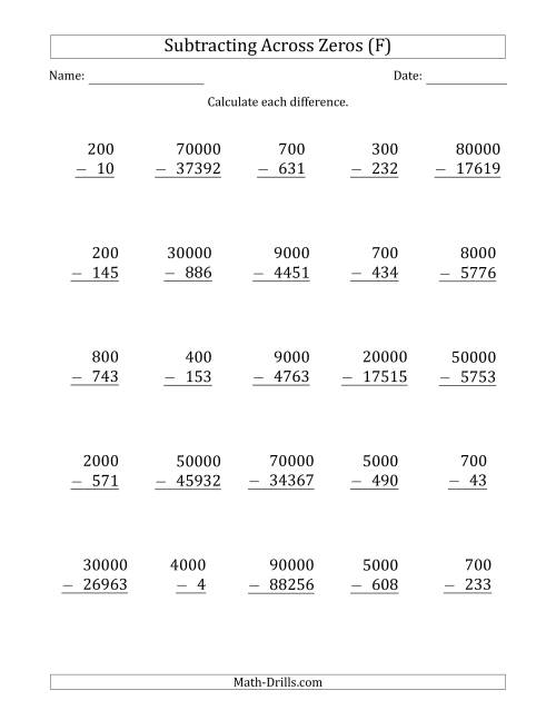 The Subtracting Across Zeros from Multiples of 100, 1000 and 10000 (F) Math Worksheet