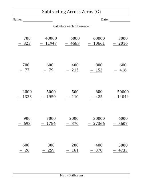The Subtracting Across Zeros from Multiples of 100, 1000 and 10000 (G) Math Worksheet