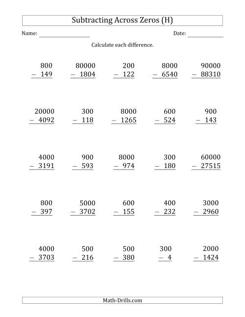 The Subtracting Across Zeros from Multiples of 100, 1000 and 10000 (H) Math Worksheet