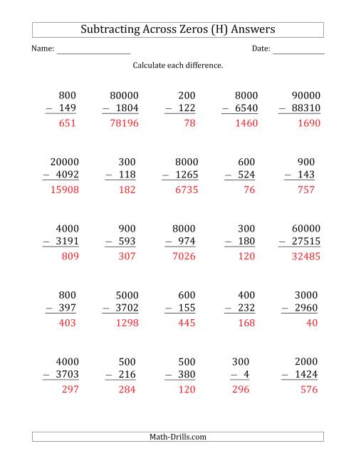 The Subtracting Across Zeros from Multiples of 100, 1000 and 10000 (H) Math Worksheet Page 2