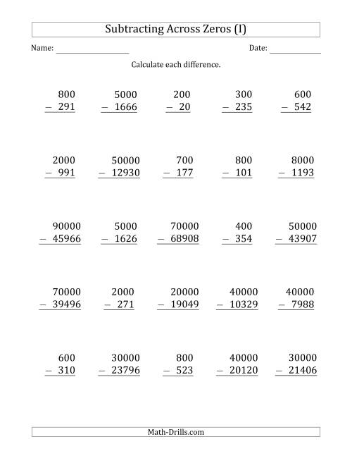 The Subtracting Across Zeros from Multiples of 100, 1000 and 10000 (I) Math Worksheet