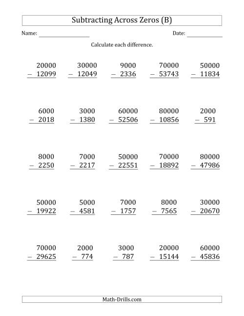 The Subtracting Across Zeros from Multiples of 1000 and 10000 (B) Math Worksheet