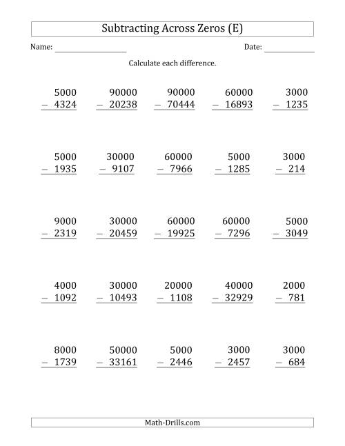 The Subtracting Across Zeros from Multiples of 1000 and 10000 (E) Math Worksheet