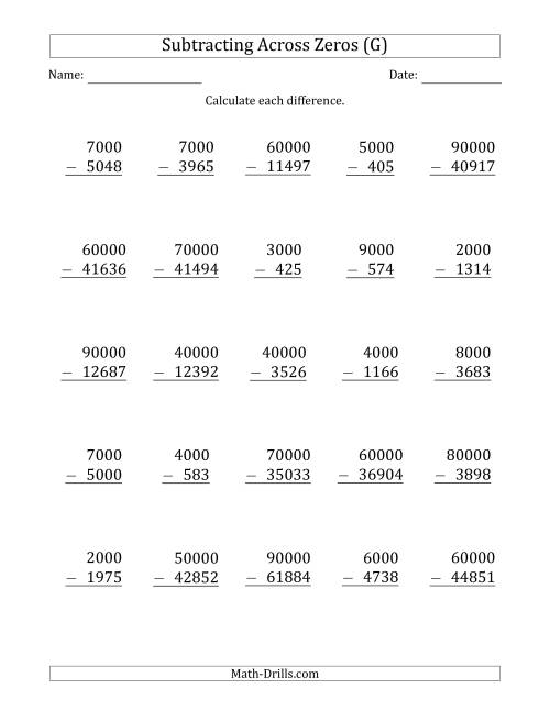 The Subtracting Across Zeros from Multiples of 1000 and 10000 (G) Math Worksheet