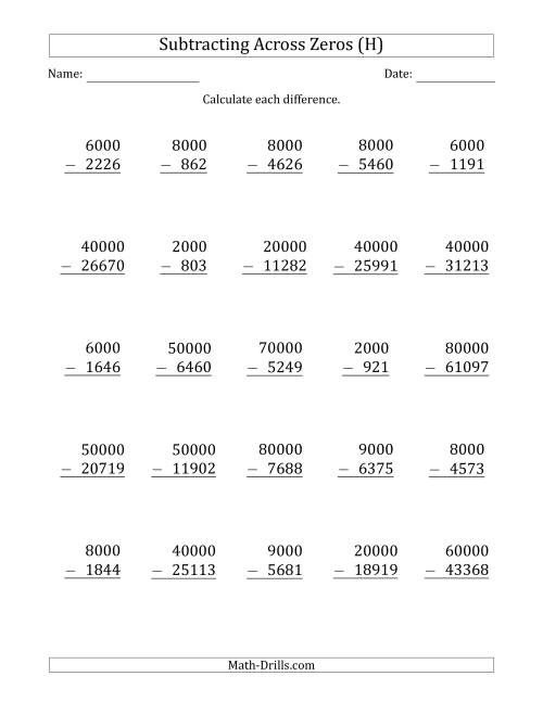 The Subtracting Across Zeros from Multiples of 1000 and 10000 (H) Math Worksheet