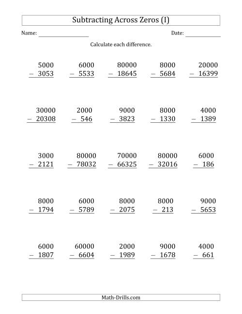 The Subtracting Across Zeros from Multiples of 1000 and 10000 (I) Math Worksheet