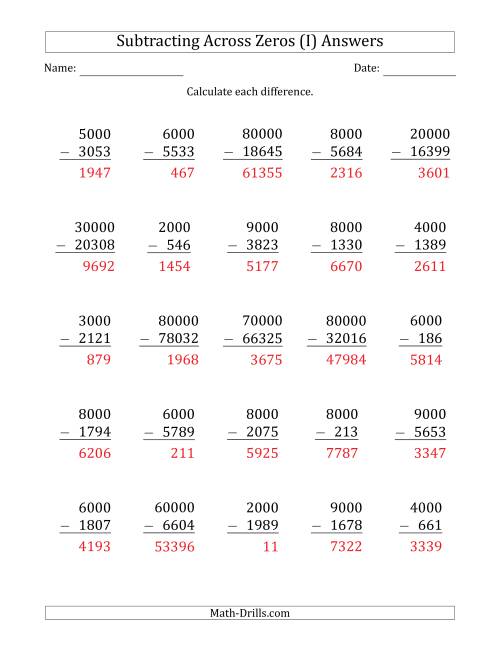 The Subtracting Across Zeros from Multiples of 1000 and 10000 (I) Math Worksheet Page 2